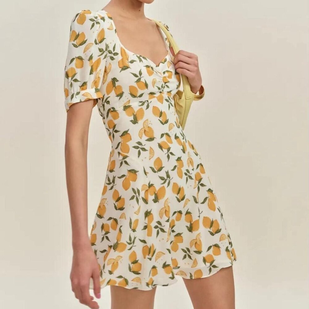 Reformation Rebecca Lemon Print Summer Puff Sleeve Mini Dress Lemonade 6 NWOT